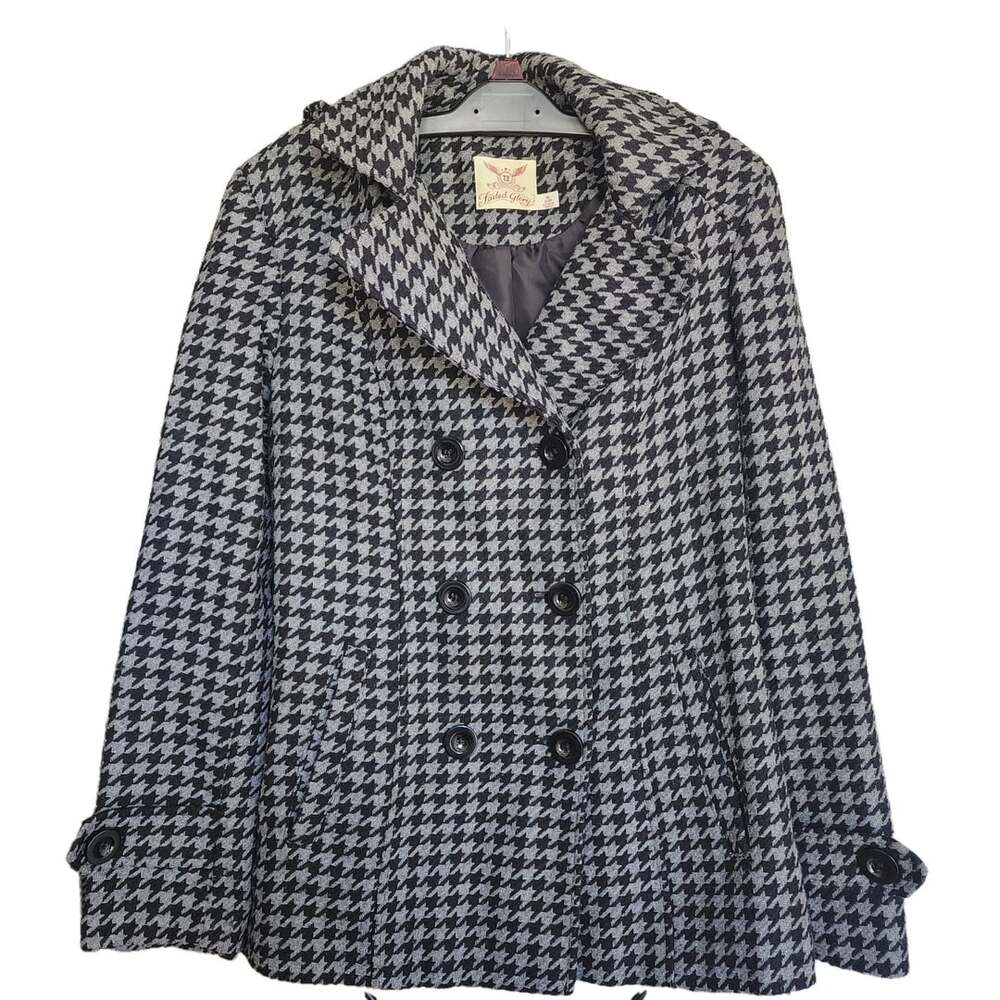 Faded Glory Houndstooth Pea Coat Size M Black White Wool Blend Jacket